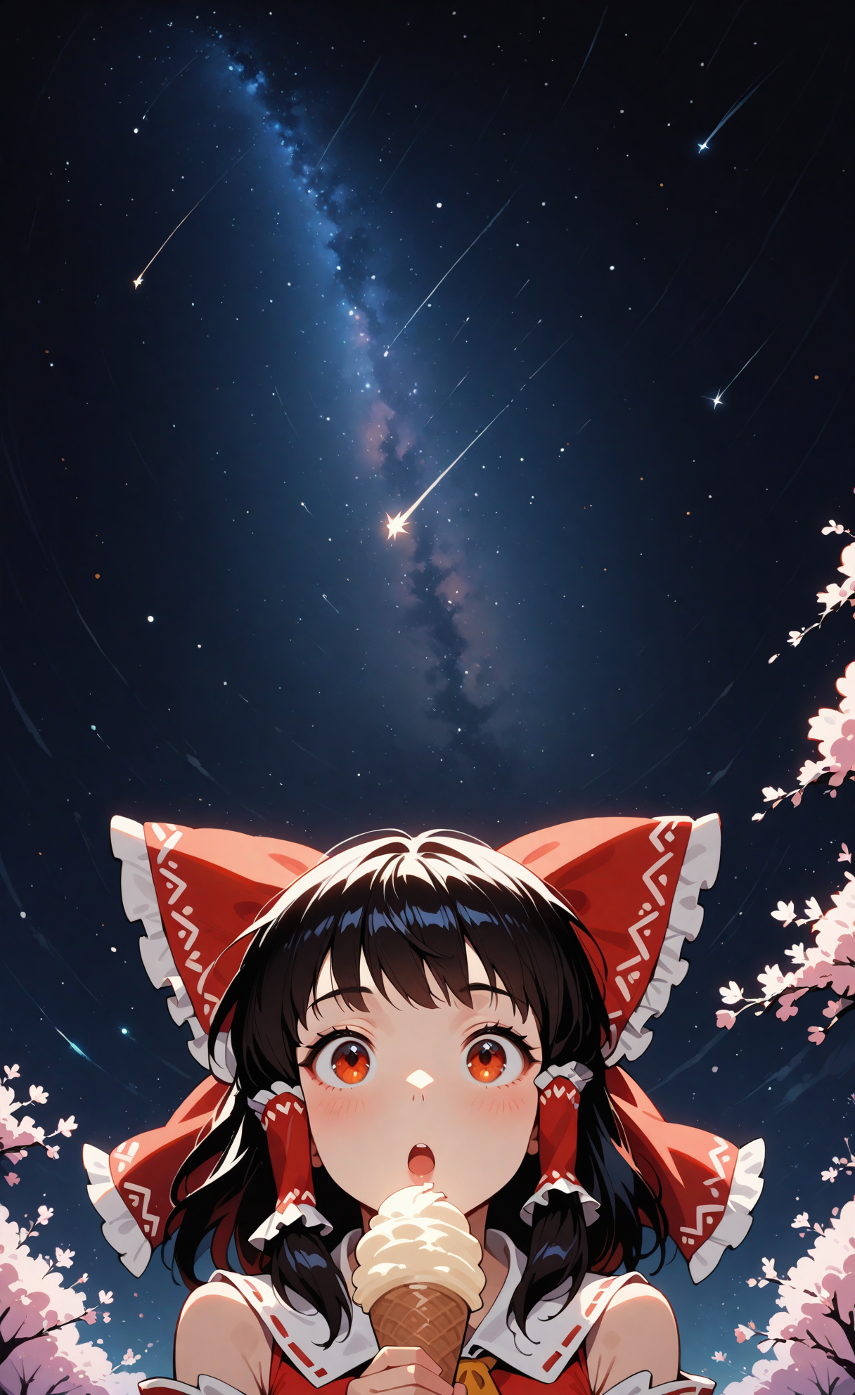 1girl, solo, hakurei_reimu, holding ice cream cone, :o; facing viewer, looking up, starry sky, night sky, milky way, shooting stars, cherry blossoms, upper body, straight-on, masterpiece, best quality, very aesthetic, absurdres