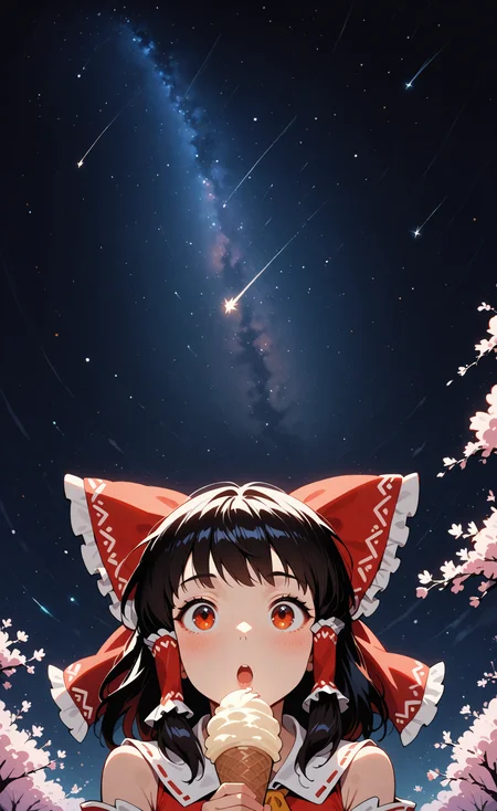 1girl, solo, hakurei_reimu, holding ice cream cone, :o; facing viewer, looking up, starry sky, night sky, milky way, shooting stars, cherry blossoms, upper body, straight-on, masterpiece, best quality, very aesthetic, absurdres