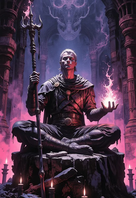 fill the scene with smoke and haze, authenticity, A mystical scene depicting a man in an ancient, fantasy style. He is sitting in a meditative pose on a stone platform in a gloomy, magically illuminated cave. the colors are dim, The background is filled with many pink and purple fire on candles that emit a soft glow. The character himself is dressed in ritual or combat armor with elements of leather and metal, holding a long staff decorated with magical symbols in one hand. His hairstyle is shaved sides with short hair on top. In his other hand, he creates magical energy that glows and sparkles. The atmosphere of the picture is filled with magic, mystery and a sense of power.
The cave looks dark, but the glow of the candles and magic adds bright accents.