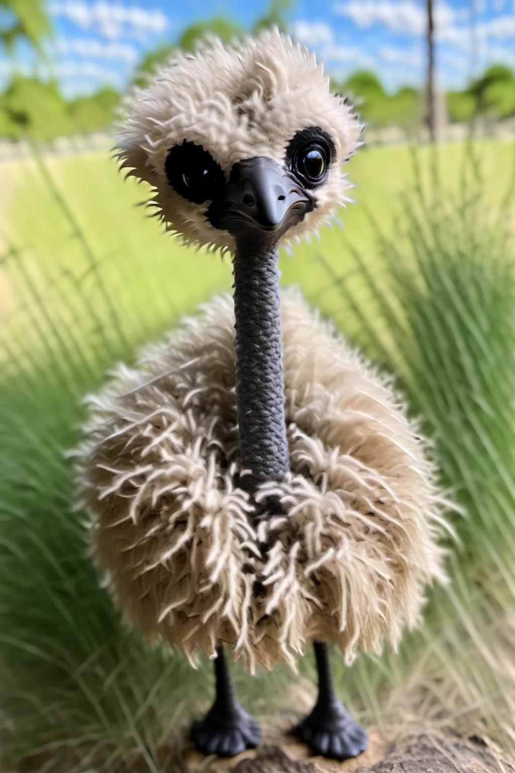 BJ_Sewing_doll, ostrich, solo, closed_mouth, standing, full_body, outdoors, day, blurry, black_eyes, pokemon_\(creature\), no_humans, blurry_background, grass, realistic, animal_focus,photo,8k,highly detailed,digital photography,hdr,realistic,high definition,<lora:SDXL_Sewing_dol_v2:1>,