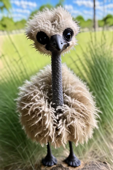 BJ_Sewing_doll, ostrich, solo, closed_mouth, standing, full_body, outdoors, day, blurry, black_eyes, pokemon_\(creature\), no_humans, blurry_background, grass, realistic, animal_focus,photo,8k,highly detailed,digital photography,hdr,realistic,high definition,<lora:SDXL_Sewing_dol_v2:1>,
