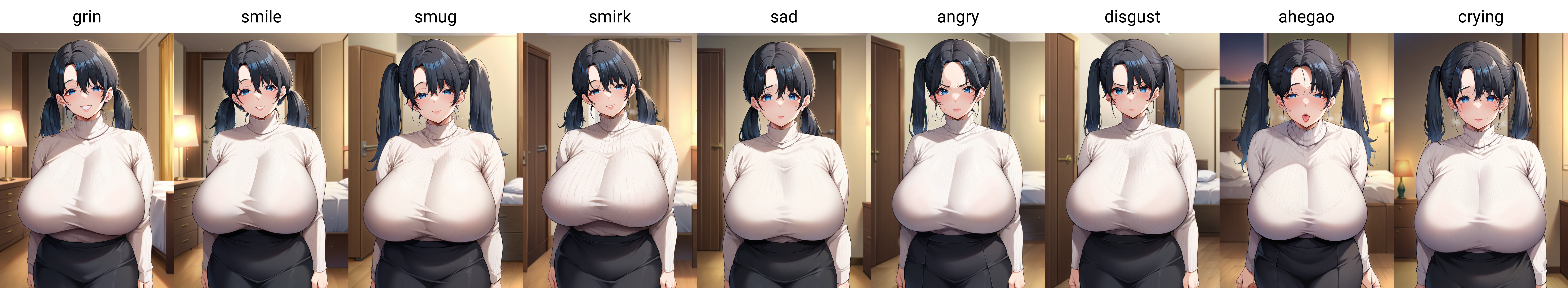 score_9, score_7_up, source_anime, 1girl,blue eyes,twintails, black hair,  turtleneck sweater, white sweater,  black skirt, grin,looking at viewer, from front, bedroom, standing, huge breasts, mature girl, mature female <lora:Mojarin-Style-PonyXL-Dora-000045:1>