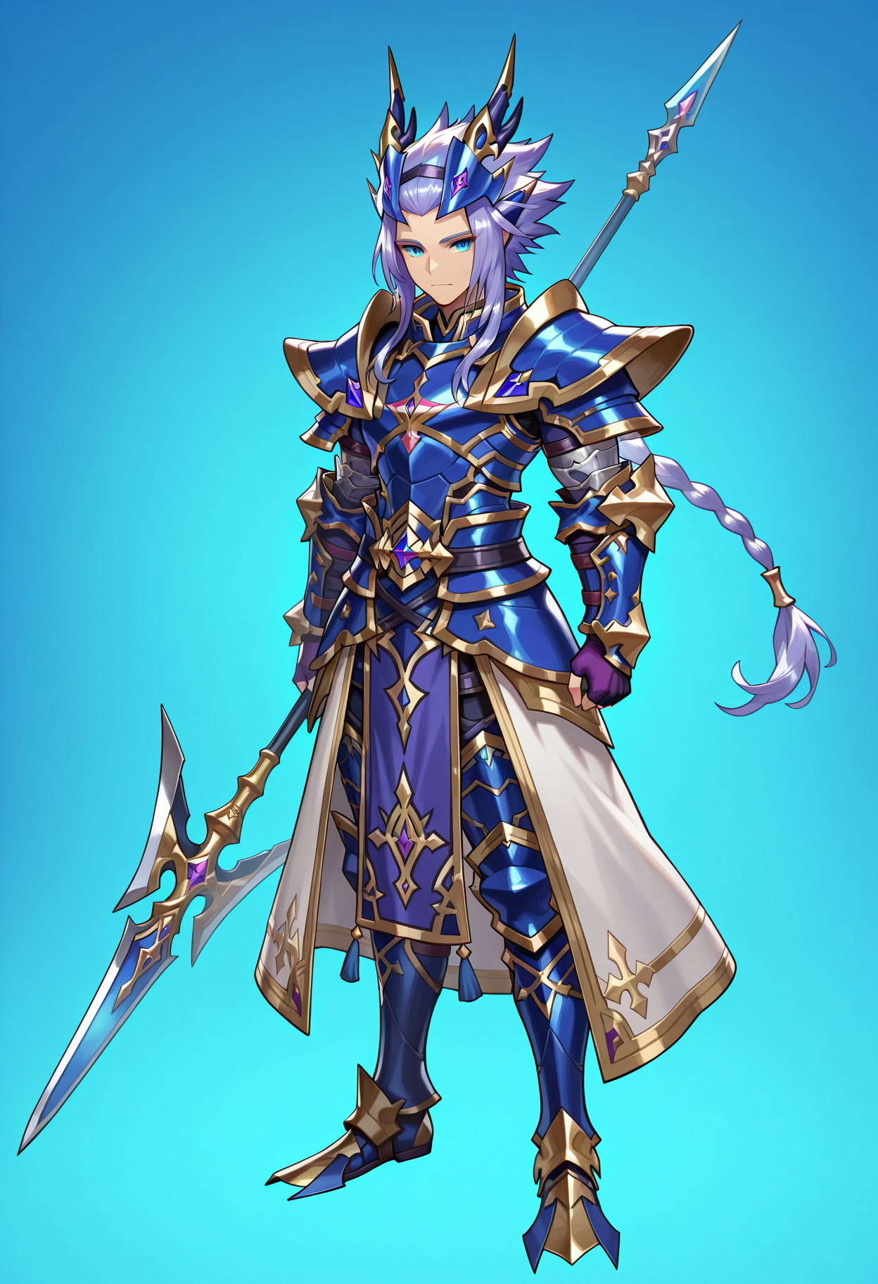 masterpiece,best quality,amazing quality,xainfried,weapon,polearm,armor,1boy,holding,holding weapon,solo,male focus,blue eyes,vambraces,gloves,fingerless gloves,purple fingerless gloves,holding polearm,blue armor,shoulder armor,looking at viewer,spear,gauntlets,pelvic curtain,braid,pauldrons,closed mouth,greaves,horns,dragon horns headwear,full body,purple hair,boots,breastplate,tachi-e,sidelocks,tunic,flippers,official art,gold trim,<lora:Xainfried_V1-3-000010:0.9>,