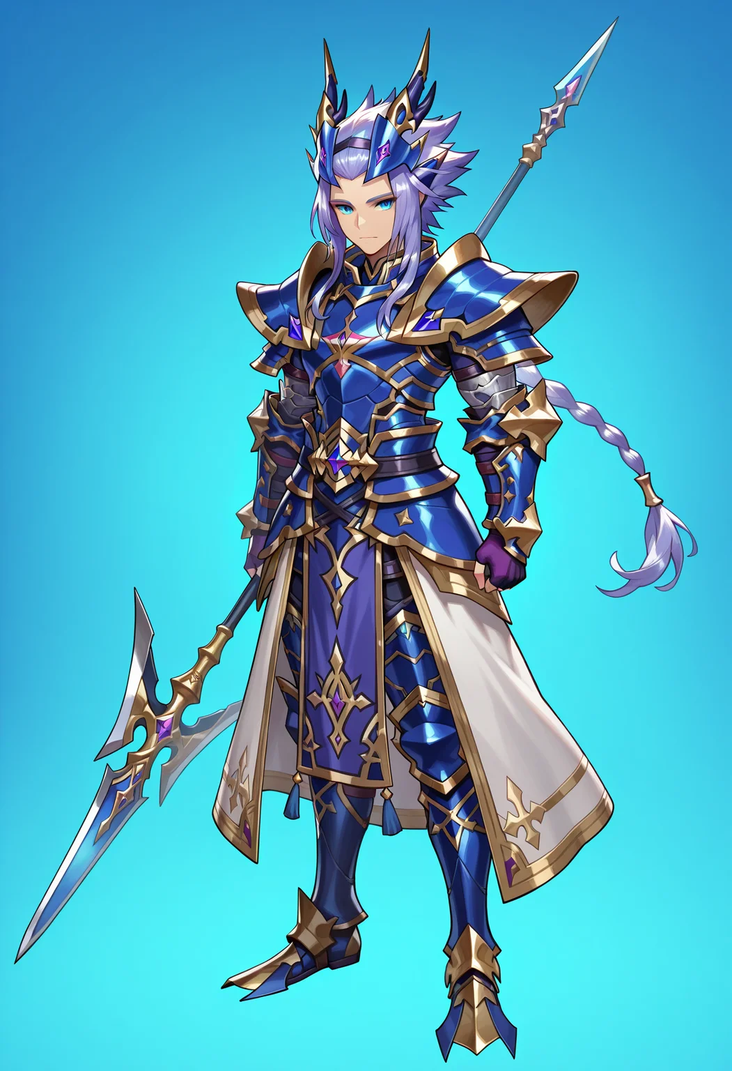 masterpiece,best quality,amazing quality,xainfried,weapon,polearm,armor,1boy,holding,holding weapon,solo,male focus,blue eyes,vambraces,gloves,fingerless gloves,purple fingerless gloves,holding polearm,blue armor,shoulder armor,looking at viewer,spear,gauntlets,pelvic curtain,braid,pauldrons,closed mouth,greaves,horns,dragon horns headwear,full body,purple hair,boots,breastplate,tachi-e,sidelocks,tunic,flippers,official art,gold trim,<lora:Xainfried_V1-3-000010:0.9>,