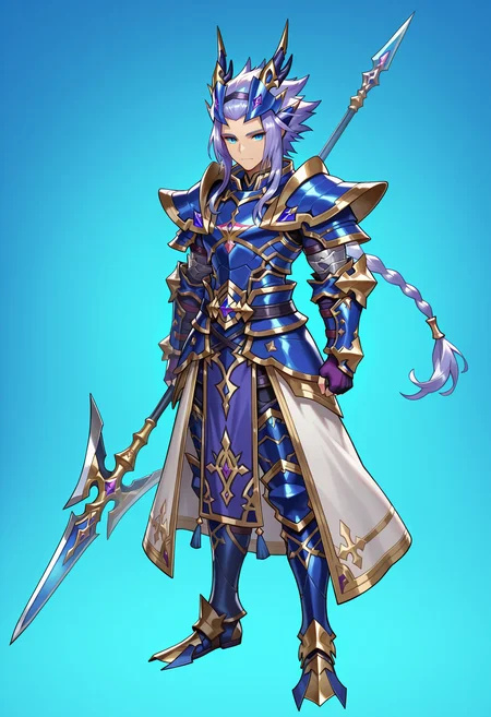 masterpiece,best quality,amazing quality,xainfried,weapon,polearm,armor,1boy,holding,holding weapon,solo,male focus,blue eyes,vambraces,gloves,fingerless gloves,purple fingerless gloves,holding polearm,blue armor,shoulder armor,looking at viewer,spear,gauntlets,pelvic curtain,braid,pauldrons,closed mouth,greaves,horns,dragon horns headwear,full body,purple hair,boots,breastplate,tachi-e,sidelocks,tunic,flippers,official art,gold trim,<lora:Xainfried_V1-3-000010:0.9>,