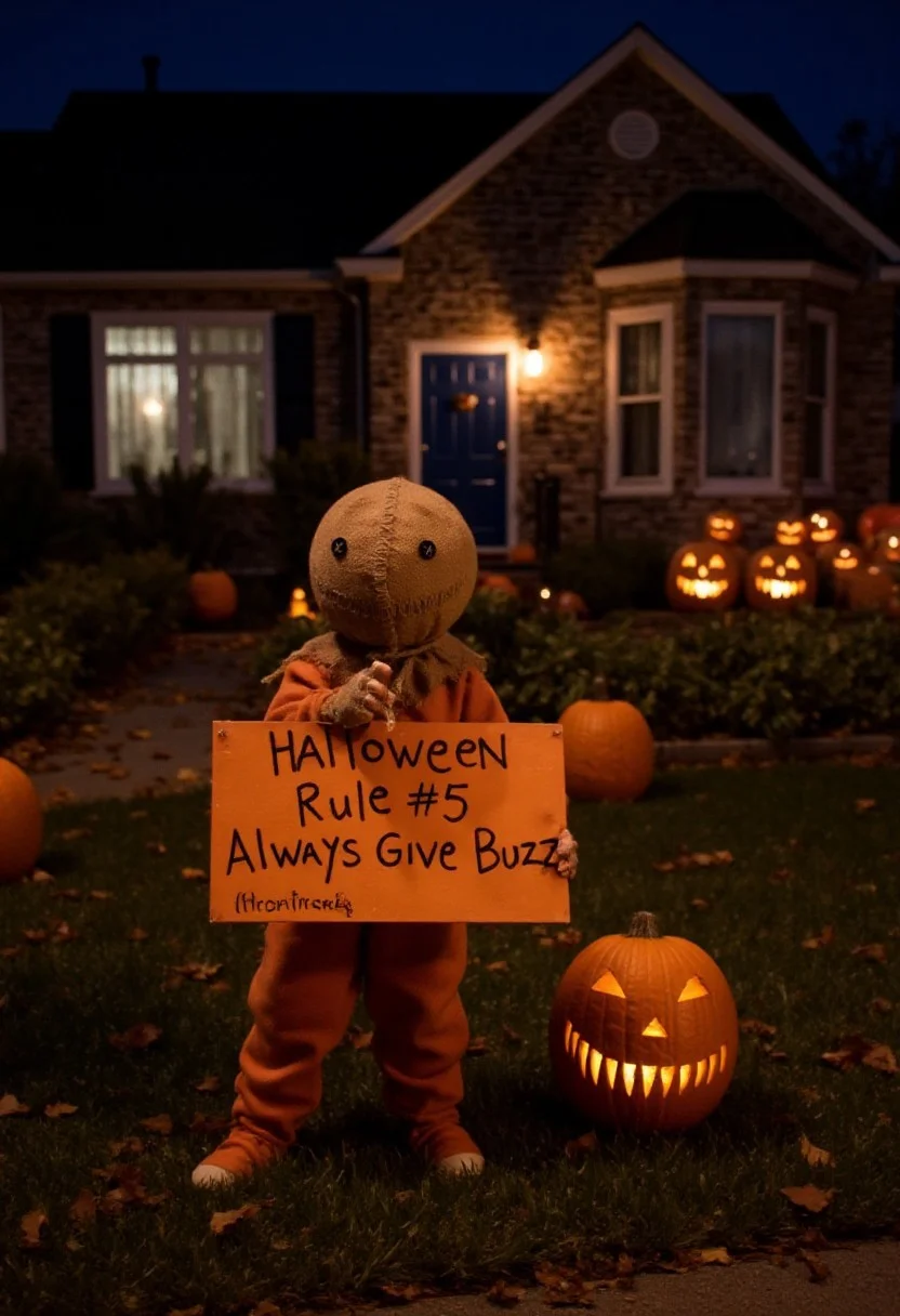 <lora:Sam_Flux:1> s@mtrt Halloween night, standing in front of a decorated house, jack-o-lanterns. Holding a big sign that says "Halloween Rule#5 Always Give Buzz"