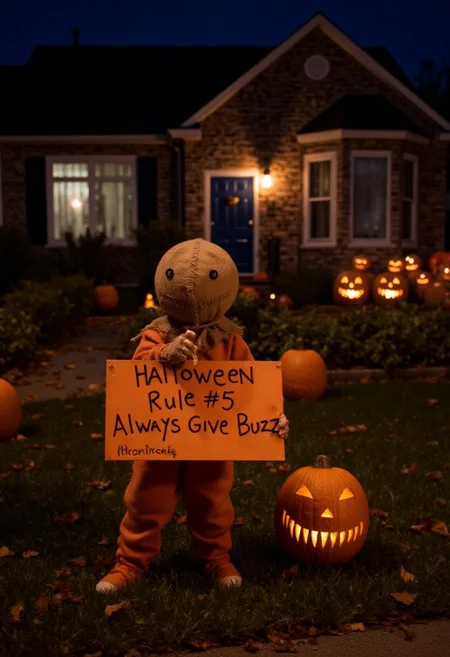 <lora:Sam_Flux:1> s@mtrt Halloween night, standing in front of a decorated house, jack-o-lanterns. Holding a big sign that says "Halloween Rule#5 Always Give Buzz"