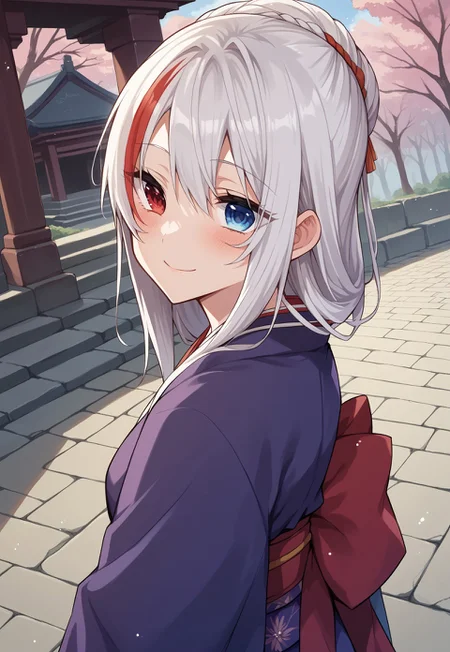 zPDXL3, score_9_up, score_8_up, score_7_up, (Anime_source), 1girl, JunShiosato-artstyle, heterochromia, red eye-blue eye, long hair, multicolored hair, white-red hair, (kimono), cowboy shot, ancient temple, sakura trees, particles, looking at viewer, blush smile, (from side, from above, dutch angle)