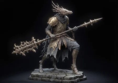 Obscure Centaur holding a bronze spear with engravings on it, the lower horse body is covered with leather and cloth armor, iron armored hooves and platemail armor


Set against a solid dark black color background to emphasize its unnatural form that emphasizes its silhouette. 

The medium is not a traditional painting or illustrative medium like watercolor or ink but rather a digital 3D rendering. 

Studio Ghibli Dark Fairytale, d4arks0uls, MikeFranchinastyle, bbstyle,, horror theme,, ZBClay model of a gray sculpture, zbrush, overcast lighting