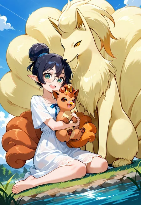 masterpiece, best quality, amazing quality, very aesthetic, absurdres, 1girl with 1other, other with female, BREAK
(petite elf, 1girl, pointed ears, black hair, green eyes, hair bun, glasses, freckles, white dress, barefoot, holding vulpix). BREAK
(1other, vulpix, amber eyes)
BREAK
(1other, ninetales, female ninetales, amber eyes)
river, grass, blue sky, sitting, on ground, happy, dynamic pose, perspective, outdoors, plants,