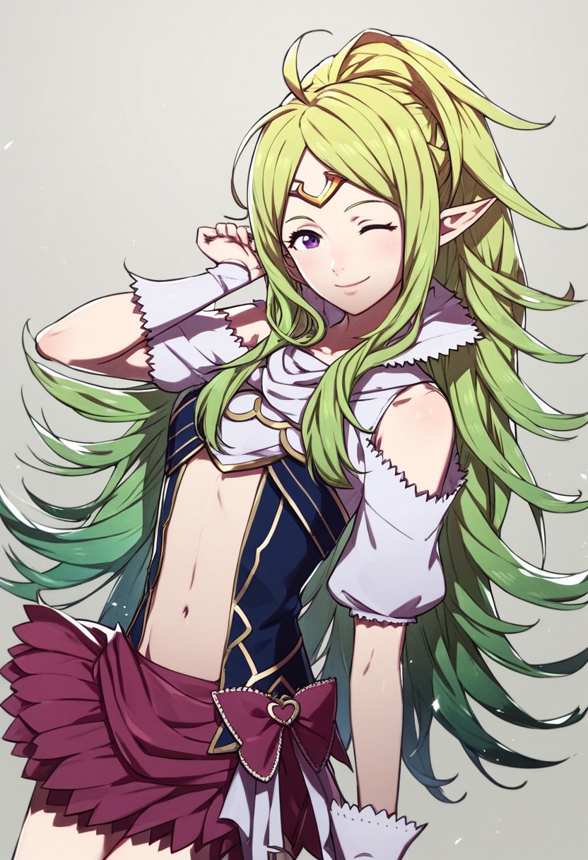 score_9, score_8_up, masterpiece,best quality,absurdres,firemblemStyle,solo,1girl,nowi\(fire emblem\),pointy ears,croptop,navel,smile,wink,skirt,green hair,purple eyes