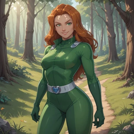 score_9, score_8, BREAK, solo, Sam_(Totally_Spies), orange hair, long hair, green eyes, green gloves, green latex bodysuit, belt, skin tight, high heels, sexy pose, self portrait, smile, looking at viewer, outdoors, sunlight, shadows, evening lighting, natural lighting, forest, trees, grass, orange sky, sunset