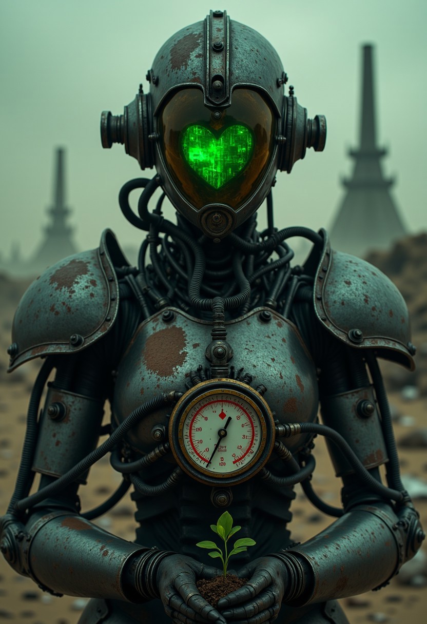 cpstyle01. Create a compelling close-up image of a heavily armored robot figure standing in a desolate, arid desert. The cyborgs armor is encased in weathered, rusted metal, with exposed mechanical pipes, wires, and faint glowing lines that pulse with an eerie green light, reminiscent of forgotten technology. Their helmet, a fusion of steampunk and ancient Egyptian aesthetics, is battered and cracked. The visor, once amber, is now a faint, distorted green, showing a small pixelated heart at its center—its flicker barely visible, almost as if it’s a glitch in a dying system. Attached to the figure’s chest is a large manometer, its red scale prominently displayed, as though indicating the pressure of a steam-powered engine about to burst, resembling the ominous readings of a malfunctioning boiler or damper.
The background is a barren, dystopian wasteland of crumbling, decayed industrial structures. The horizon is swallowed by a thick, oppressive dust storm, and the sky is painted in muted shades of gray and black, with only the faintest hint of a fading sunset. In the figure’s hands, a tiny green seedling sprouts, its fragile life struggling to survive in the midst of desolation. The dim, almost non-existent light from the horizon casts elongated, eerie shadows, further enhancing the oppressive, dystopian mood of the world around them.