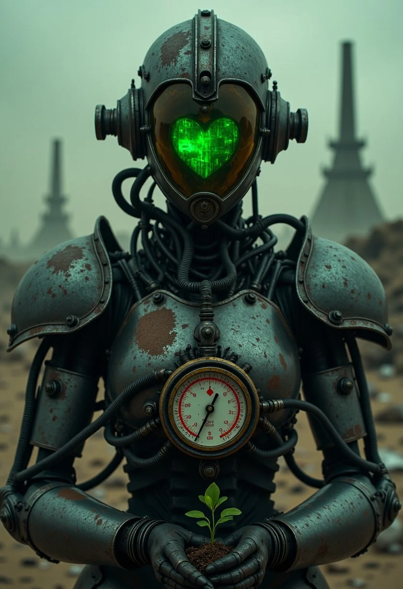 cpstyle01. Create a compelling close-up image of a heavily armored robot figure standing in a desolate, arid desert. The cyborgs armor is encased in weathered, rusted metal, with exposed mechanical pipes, wires, and faint glowing lines that pulse with an eerie green light, reminiscent of forgotten technology. Their helmet, a fusion of steampunk and ancient Egyptian aesthetics, is battered and cracked. The visor, once amber, is now a faint, distorted green, showing a small pixelated heart at its center—its flicker barely visible, almost as if it’s a glitch in a dying system. Attached to the figure’s chest is a large manometer, its red scale prominently displayed, as though indicating the pressure of a steam-powered engine about to burst, resembling the ominous readings of a malfunctioning boiler or damper.
The background is a barren, dystopian wasteland of crumbling, decayed industrial structures. The horizon is swallowed by a thick, oppressive dust storm, and the sky is painted in muted shades of gray and black, with only the faintest hint of a fading sunset. In the figure’s hands, a tiny green seedling sprouts, its fragile life struggling to survive in the midst of desolation. The dim, almost non-existent light from the horizon casts elongated, eerie shadows, further enhancing the oppressive, dystopian mood of the world around them.