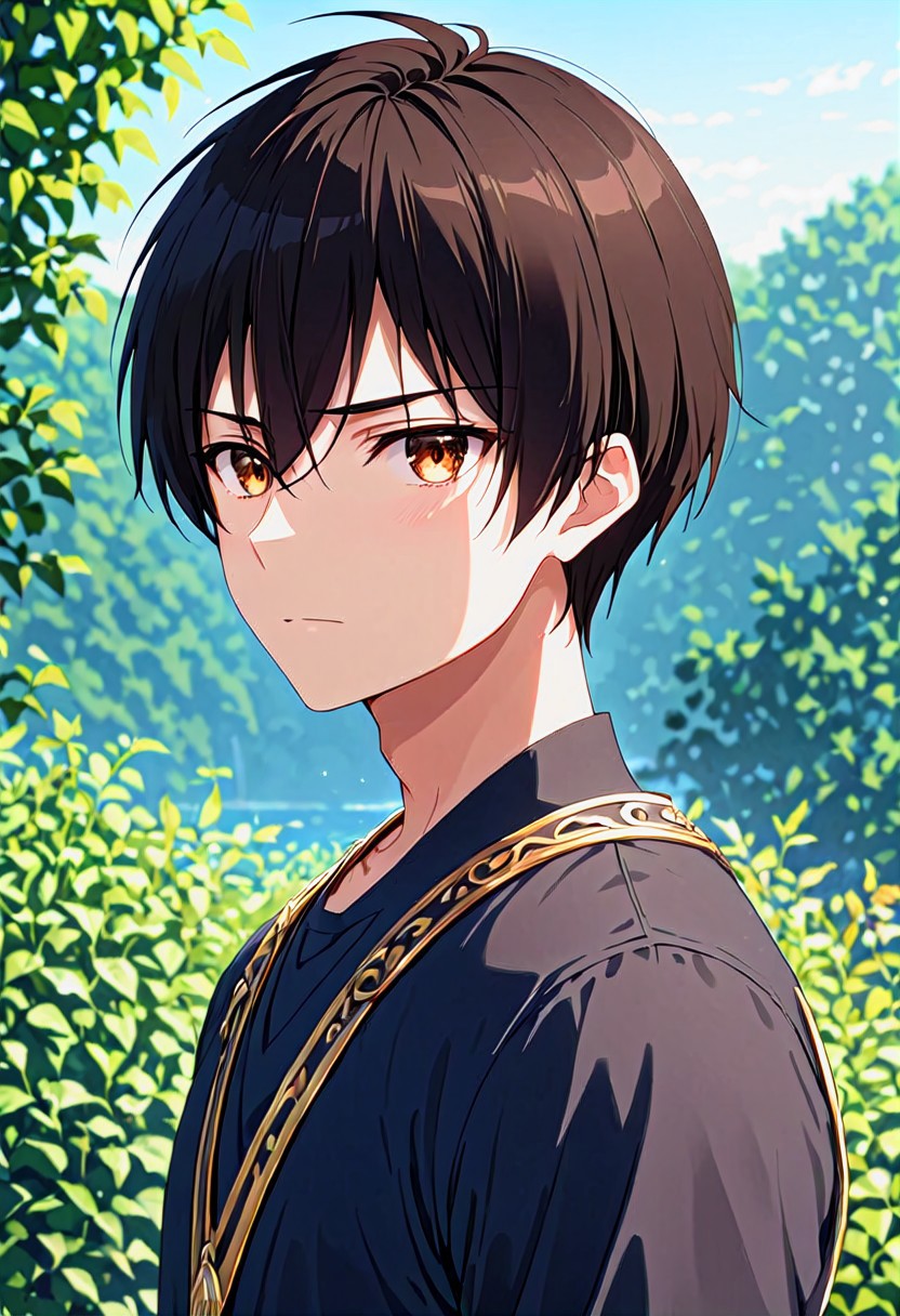 high resolution, solo, best quality, 1Boy, Seiya Kanie, Black Hair, Short Hair, Thin, Brown Eyes, portraits, proud, outdoor, Half Body, Depth Of Field,