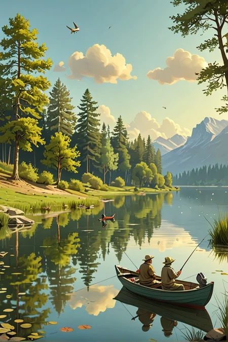 (Absurd Caricature), A serene lake, with a couple fishing from a small boat, enjoying the peace and quiet.