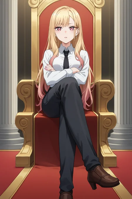 score_9, score_8_up, score_7_up, source_anime, 1girl, prefect lighting, very aesthetic, intricate details, highly detailed background, masterpiece, high quality, prefect hands, best quality, solo,
<lora:Marin_Dress_up_Darling_V1:.85>, KJOmarin, blonde hair, long hair, pink eyes, earrings, ear piercing, 
White collared shirt, black necktie, black pants, long sleeves,
sitting on throne, crossed arms, looking at viewer, parted lips, crossed legs, expressionless, 
throne, red carpet, pillars,
(Beautiful, medium Breasts:1.2), natural breasts,