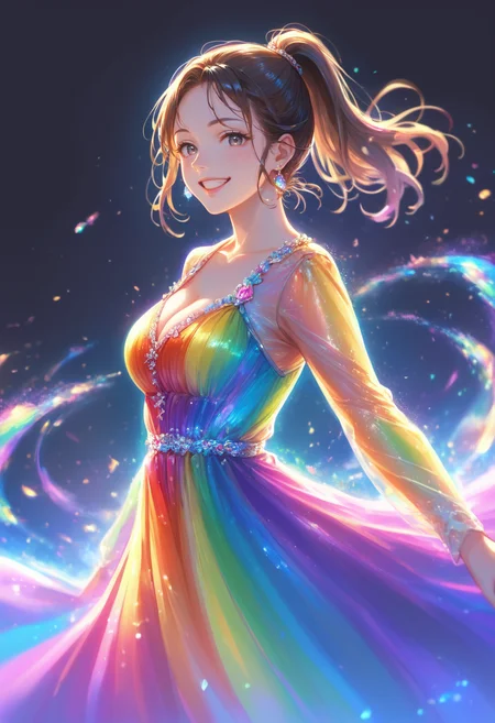 score_9, score_8_up, score_7_up, masterpiece, best quality, perfect anatomy, very aesthetic, ((outlined outlined vector graphics)),no norm,
, cute face, (glow eyes:0.8), glittering, glimmering,side view, black background, rainbow ring, looking at viewer,cowboy shot,,
20yo, brown hair, gray eyes, (large breast:1), (ponytail:1.1), medium hair,(curvy:1.1),bangs, rainbow dress, dress, action pose, grin,happy, half open eyes , long sleeve,
jewelry, earrings, parted lips, <lora:rainbow-dress-01:1>