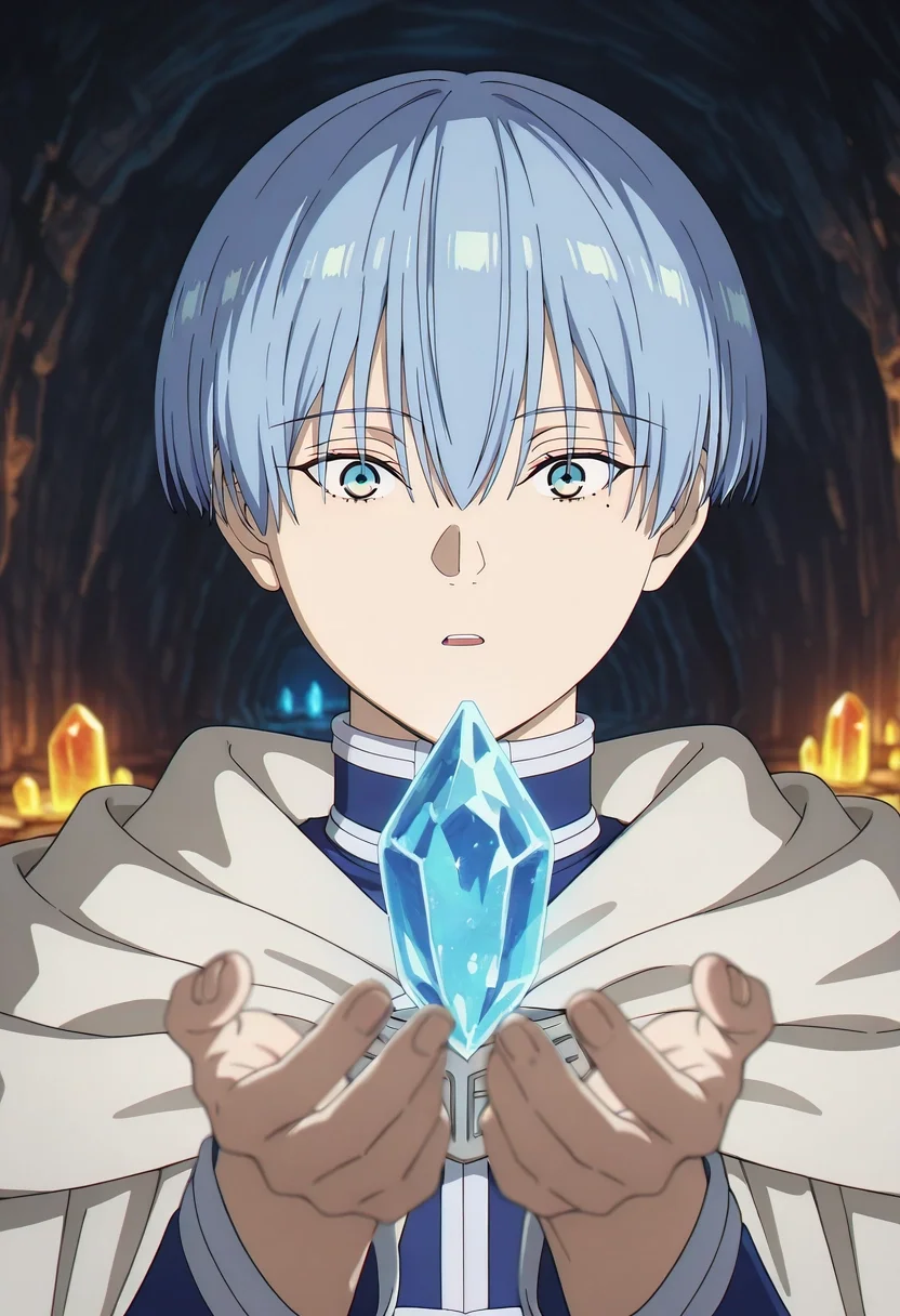 masterpiece, best quality, intricate details, anime screencap, anime coloring, official style, looking at viewer, depth of field, 1boy, solo, male focus, <lora:himmel_sousou_no_frieren_ilxl:0.98>, himmel_sousou_no_frieren, blue hair, blue eyes, short hair, bangs, hair between eyes, mole under eye, crystal cave, glowing minerals, underground pool, rock formations, touching crystal, amazed expression, cave lighting,
