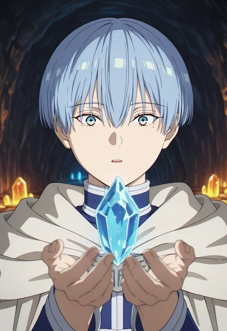masterpiece, best quality, intricate details, anime screencap, anime coloring, official style, looking at viewer, depth of field, 1boy, solo, male focus, <lora:himmel_sousou_no_frieren_ilxl:0.98>, himmel_sousou_no_frieren, blue hair, blue eyes, short hair, bangs, hair between eyes, mole under eye, crystal cave, glowing minerals, underground pool, rock formations, touching crystal, amazed expression, cave lighting,
