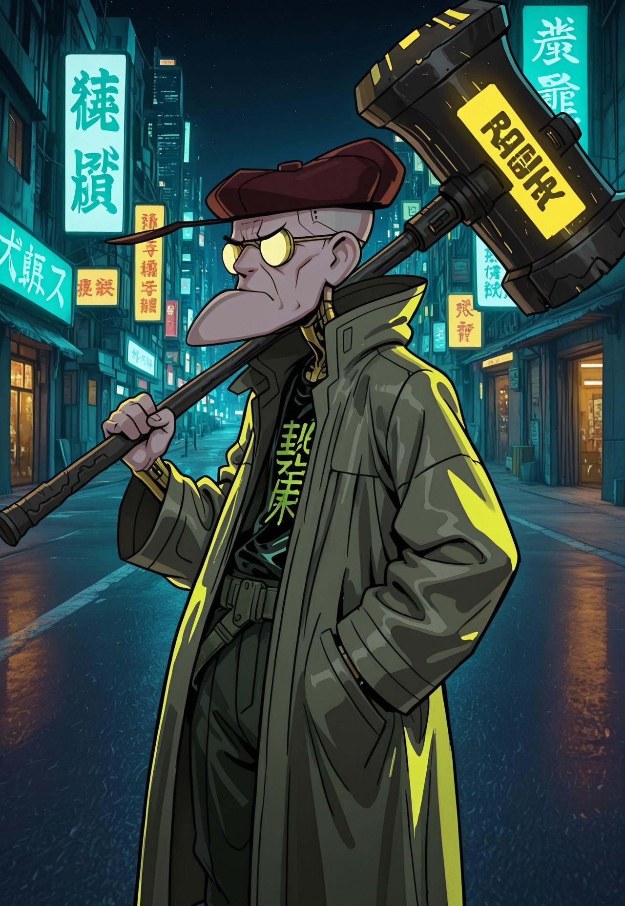masterpiece, absurdres, highest quality, highly detailed, source_cartoon, IllusP0s, cyberpunk, solo, Eustace, Bagge, cyberpunk clothes, Green leather trenchcoat, yellow cyberpunk shirt, hat, cyberpunk glasses, grumpy expression, holding a cyberpunk hammer, cyberpunk city background, detailed background, night,