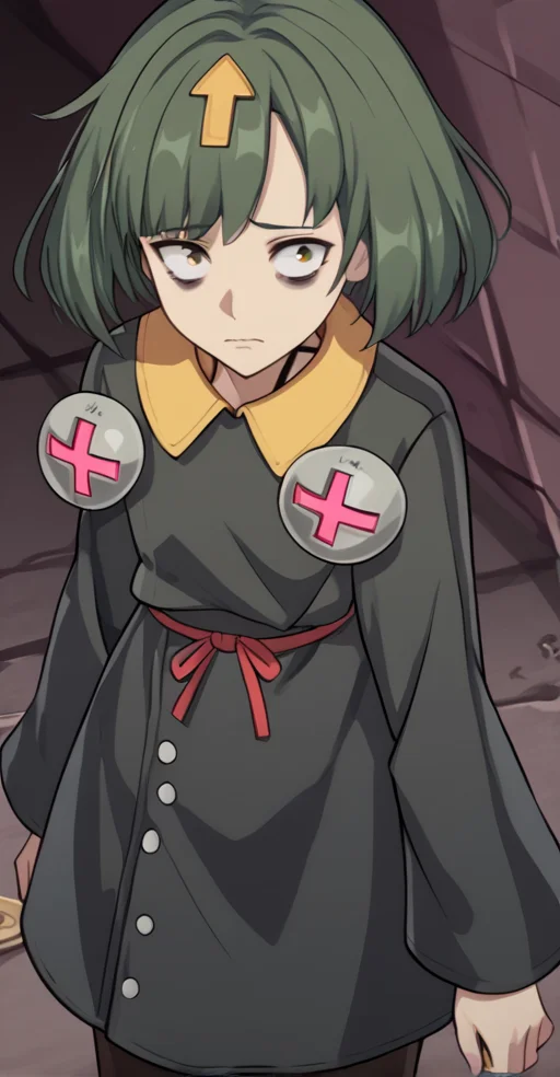 score_9, 1girl, solo, fully body, pantyhose, short hair, bob cut, bangs, green hair, looking at viewer, bags under eyes, nervous, <lora:Delilah_guilty_gear:1>