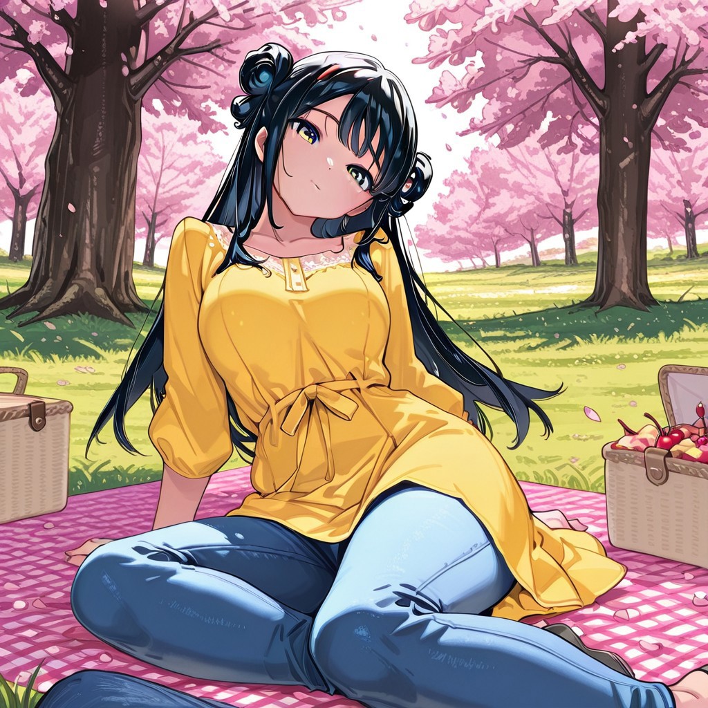 highres, ultra-detailed, illustration, colourful, masterpiece, 8k, (Riko , solo , black hair, double buns, yellow dress, blue denim pants) , sitting , grass , tree , legs stretched , picnic , cherry blossom , petals falling , looking at viewer , head tilt , beautiful , cute