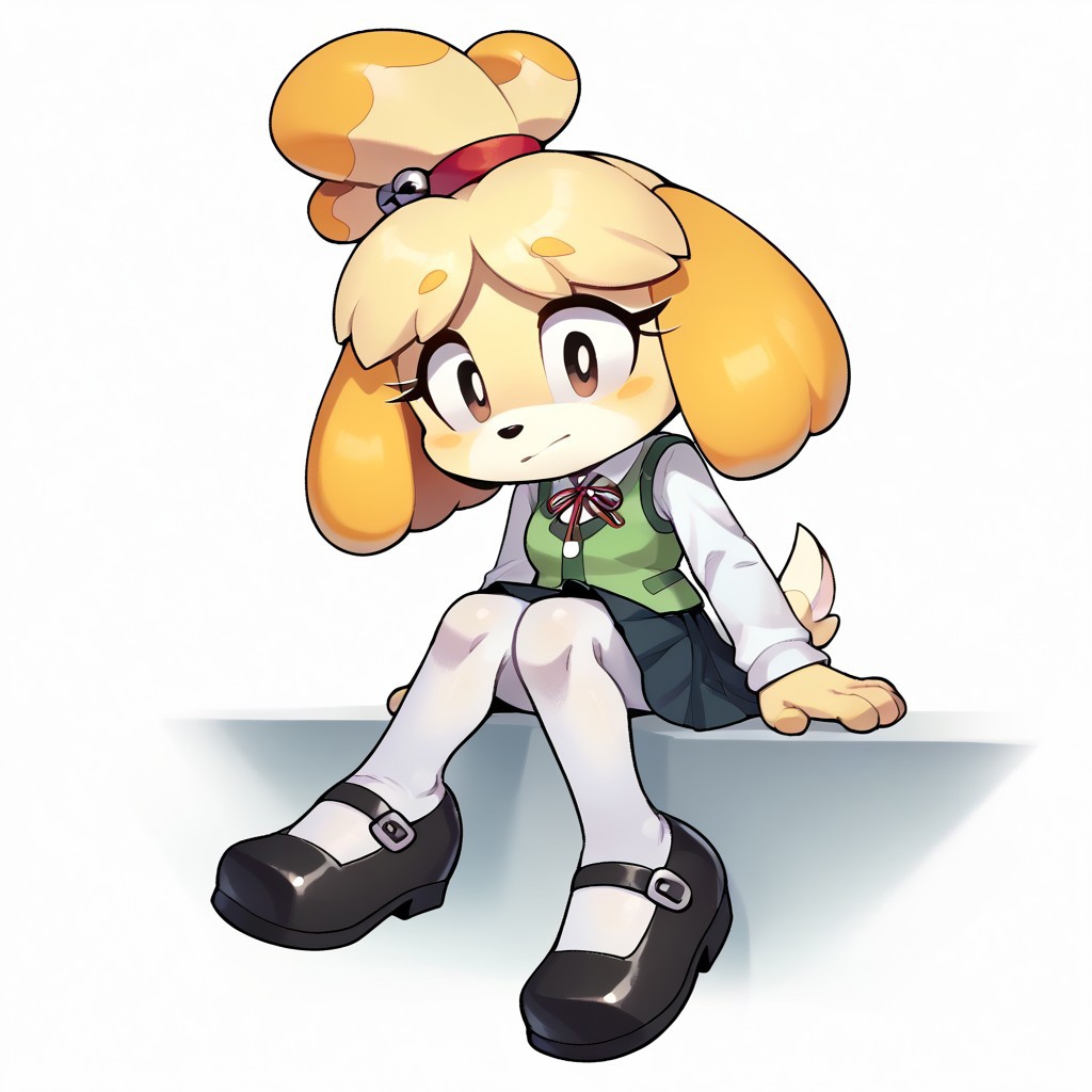score_9, score_8_up, score_7_up, 1girl,  <lora:Perfect Hands:1> Perfect Hands, evnstnly, solo, petite, isabelle \(animal crossing\), Furry female, school uniform, vest, white shirt, tucked in shirt, pleated skirt, long sleeves, white tights, cotton tights, black shoes, mary janes, curious, sitting, arms at sides, legs together