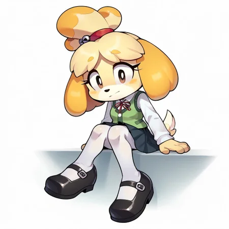 score_9, score_8_up, score_7_up, 1girl,  <lora:Perfect Hands:1> Perfect Hands, evnstnly, solo, petite, isabelle \(animal crossing\), Furry female, school uniform, vest, white shirt, tucked in shirt, pleated skirt, long sleeves, white tights, cotton tights, black shoes, mary janes, curious, sitting, arms at sides, legs together