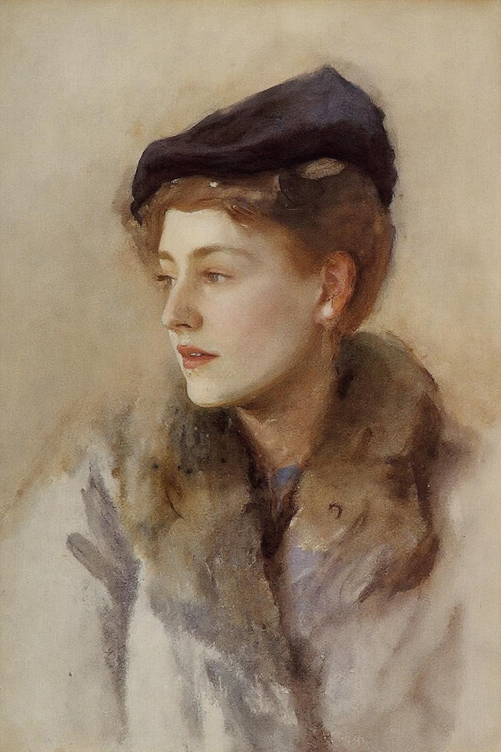 johnsingersargent3 painting
Closeup portrait of a woman wearing a dark hat and a fur coat. She is looking to the left. The background is a soft, muted beige. <lora:johnsingersargent3_cap_d8a4e12:1.0><lora:859932951352215197:0>
