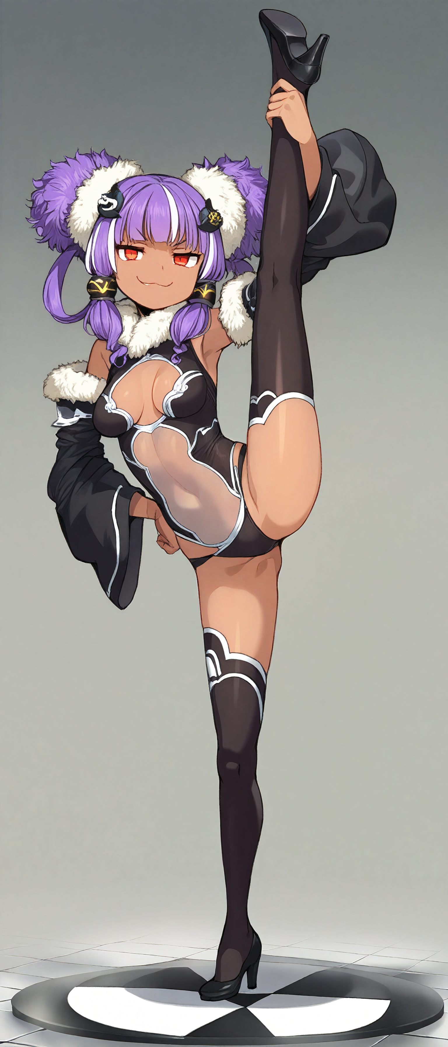 highres,absurdres,masterpiece,best quality,<lora:Cool Rance Zoot:1>,solo,1girl,full body,standing split,dark-skinned female,purple hair,white streaked hair,hime cut,sidelocks,looking at viewer,standing,v-shaped eyebrows,smug,short twintails,curly hair,very long hair,fur hair ornament,red eyes,medium breasts,armor bikini,see-through,thighhighs,detached sleeves,chest cutout,hand on hip,high heels,simple background,gradient background,tile floor,