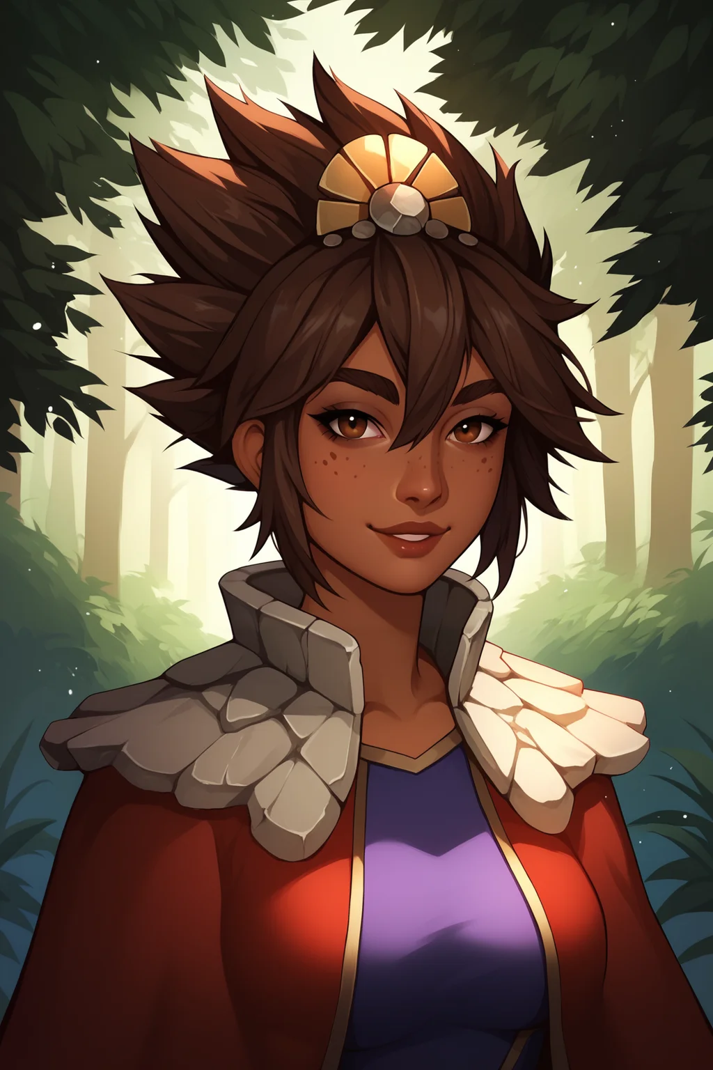 score_9, score_8_up, score_7_up, score_6_up, score_5_up, score_4_up, TaliyahLoLXL, dark skin, freckles, brown eyes, brown hair, short hair, sidelocks, hair between eyes, hair ornament, spiked hair, medium breasts, stone capelet, cape, red jacket, purple dress, solo, front view, (portrait, upper body), solo focus, seductive smile, looking at viewer, forest, tree <lora:TaliyahLoLXL:0.9>