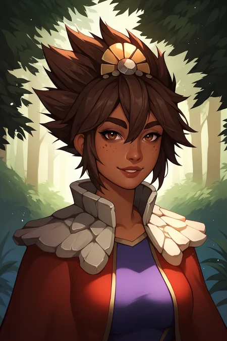 score_9, score_8_up, score_7_up, score_6_up, score_5_up, score_4_up, TaliyahLoLXL, dark skin, freckles, brown eyes, brown hair, short hair, sidelocks, hair between eyes, hair ornament, spiked hair, medium breasts, stone capelet, cape, red jacket, purple dress, solo, front view, (portrait, upper body), solo focus, seductive smile, looking at viewer, forest, tree <lora:TaliyahLoLXL:0.9>