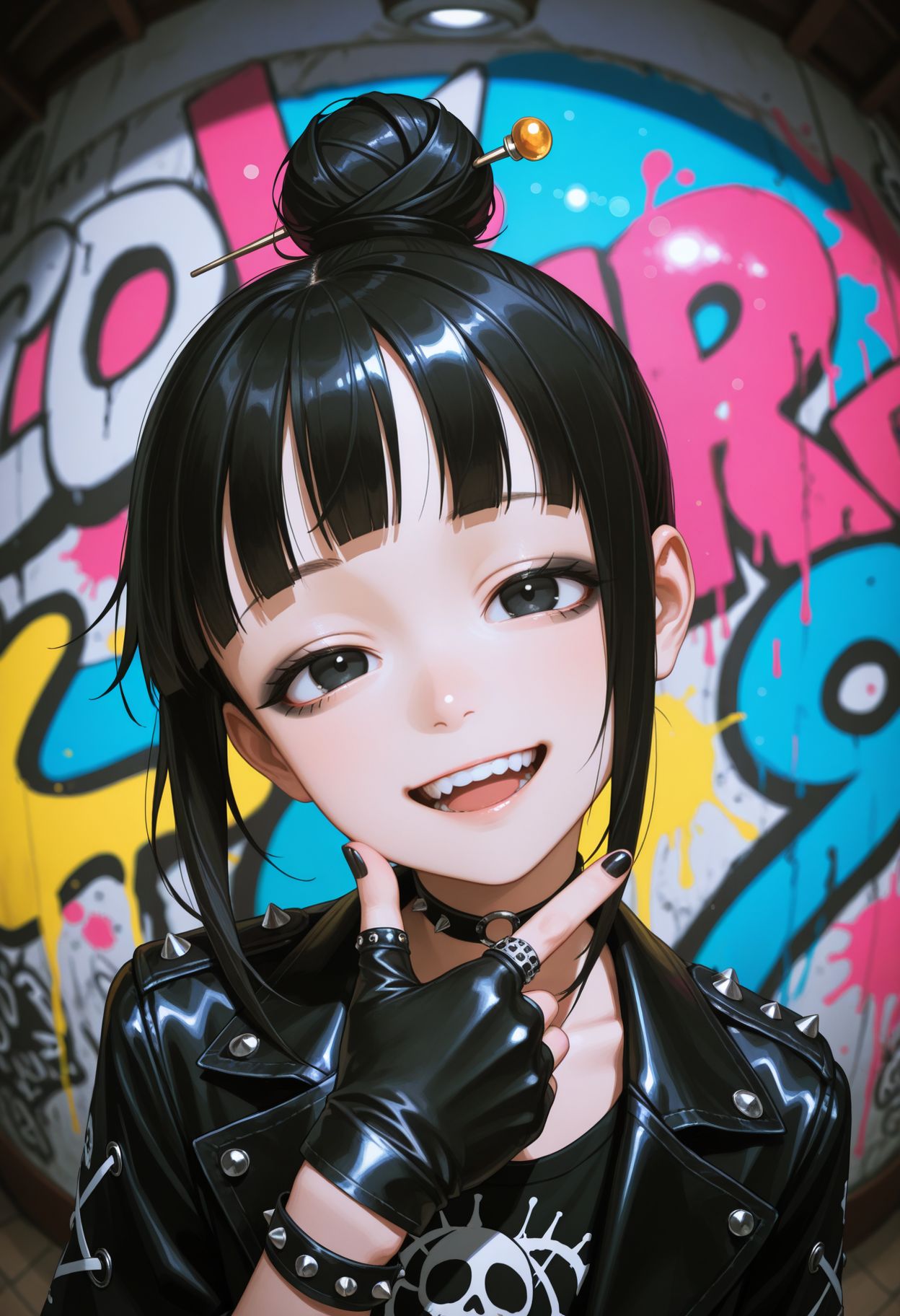 masterpiece,best quality,absurdres,highres,very aesthetic,high quality,detailed,insanely detailed,beautiful,perfect lighting, ,depth of field,blurry background,bokeh, looking at viewer, 
 black gloves, ((punk outfit,)), smile, goth eyeliner, full teeth, black nails, abstract background, abstract, colorful, paint splatter,fisheye, graffiti, head up, head tilt, finger frame, <lora:Mokuren illu:1> 1girl, black hair, black eyes, single hair bun, blunt bang, hair ornament, sidelocks, hair stick,