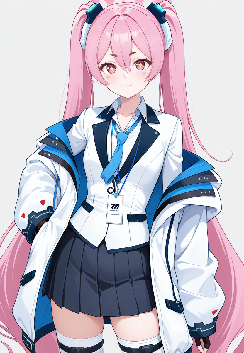 zPDXL3, score_9_up, score_8_up, score_7_up, ,Masterpiece,(perfect female body:1.2), small waist, (incredibly detailed:1.4), beautiful fingers, looking at viewer,  <lora:Kurosaki_Koyuki_-_Blue_Archive_Kaleid_Illustrious:1>kurosakikoyuki_\(arknights\), 1girl, pink hair, very long hair, twintails, pink eyes, sparkling eyes, halo, thighhighs, white thighhighs, white jacket, pleated skirt, shirt, open jacket, necktie, gloves, blazer, aqua necktie, knee pads, id card, collared shirt, facing viewer,