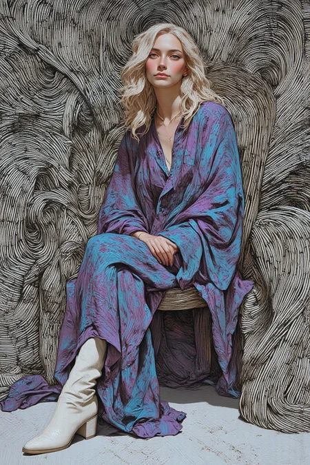This digitally stylized photograph features a woman with pale skin and long, flowing, ash-blonde hair that cascades in soft waves down her back. She is seated gracefully on a high-backed chair with her legs bent at a slight angle, one hand placed gently on her knee and the other resting on the armrest. Her outfit consists of a flowing, soft lavender silk dress with long, loose sleeves and a high, buttoned collar, which features vivid electric blue Aztec patterns that spiral across the fabric in symmetrical, bold geometric designs. The dress hugs her waist, flaring out slightly at the bottom and cascading down to her white knee-high boots. Her accessories include a thin, gold wristwatch and small, delicate hoop earrings. Her serene expression conveys a sense of calm. The background features an intricate, extreme optical illusion made up of thick black and white lines that curve and warp in a distorted spiral-like pattern. The lines create concentric circles that appear to shift and move, as if they are pulling toward the center of the image, which becomes an optical vortex. The illusion of depth is so intense that the surrounding space appears to collapse inward, giving the impression of infinite space. The floor beneath her is a smooth, light gray marble with subtle veins that echo the illusion's radial pattern, creating a seamless flow of motion between the subject and the background.