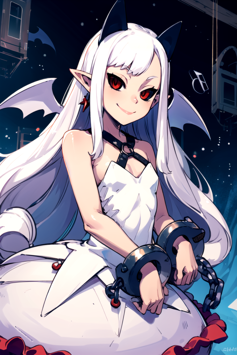 ((masterpiece,best quality)), absurdres,
<lora:Pram_Phantom_Kingdom_Anime_Dim32:0.8>, Pram_Phantom_Kingdom, 
1girl, solo, long white hair, horns, pointy ears, red eyes, black sclera, jewelry, dress, bubble skirt, earrings, chain, bat wings, albino, shackles, very long hair,
solo, smiling, looking at viewer, cowboy shot, , 
cinematic composition, dynamic pose,
