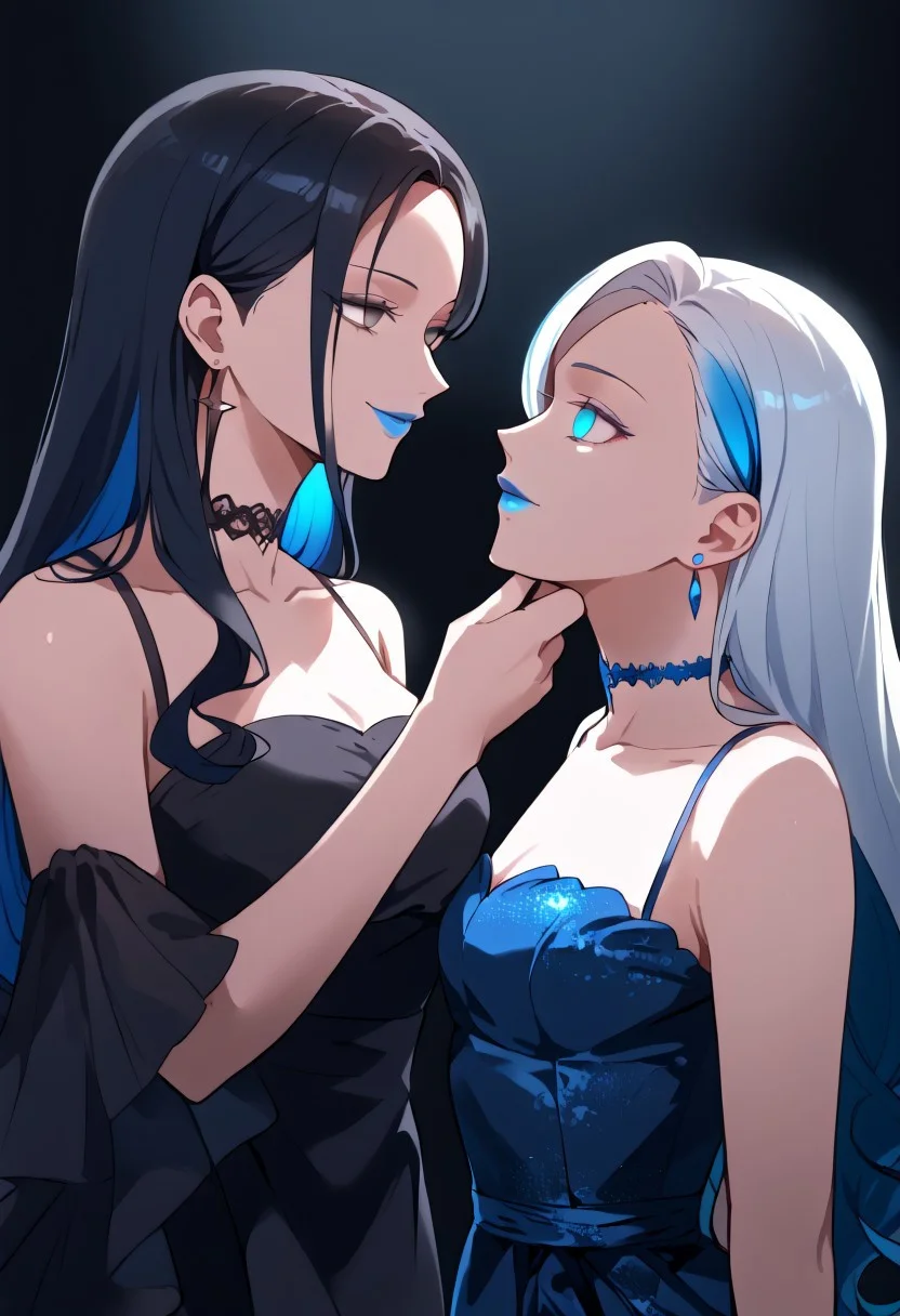 anime, two girls, adult, empty eyes, hypnotized, blank expression, expressionless, chin grab, handfixer, staring at another, looking into eyes, long hair, hair highlights, choker, sexy smile, fancy dress, lipstick, blue lipstick, glossy lips, ear ring, glowing ear ring