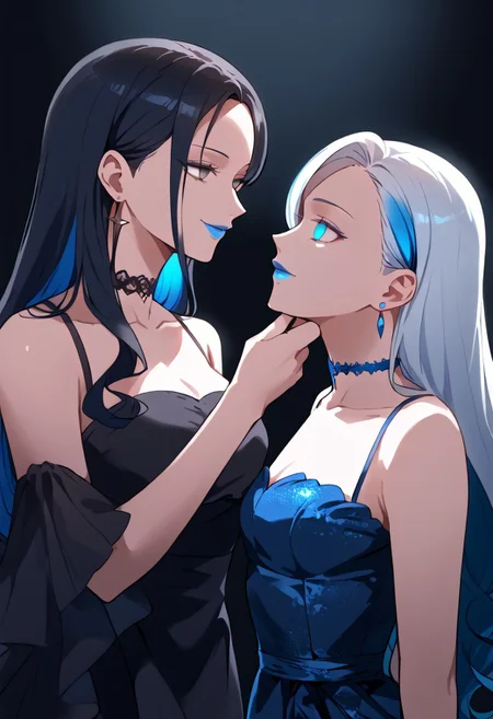 anime, two girls, adult, empty eyes, hypnotized, blank expression, expressionless, chin grab, handfixer, staring at another, looking into eyes, long hair, hair highlights, choker, sexy smile, fancy dress, lipstick, blue lipstick, glossy lips, ear ring, glowing ear ring