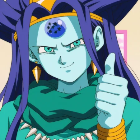 masterpiece,best quality,amazing quality,<oceanus_shenron:1>,anime coloring,dragon ball z art style,1girl,solo,o.s.d.g,aqua skin,blue skin,very long hair,purple hair,blue eyes,dress,blue dress,aqua dress,jewelry,gold headdress,gold earrings,multiple bracelets,multiple anklets,necklace,scarf,smile,thumbs up,looking at viewer,upper body portrait,indoors,bedroom
