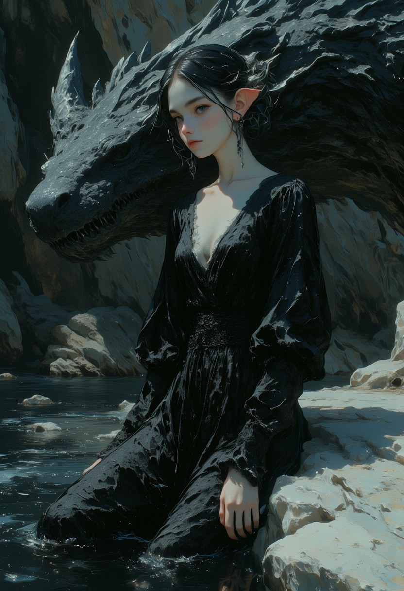 Detailed award winning scenary,Realistic ,Modern fantasy masterpiece , close up of elven queen sitting on a black dragon in a dark river , sleeping on top of a white rock, white rock in black river, perfect elf face