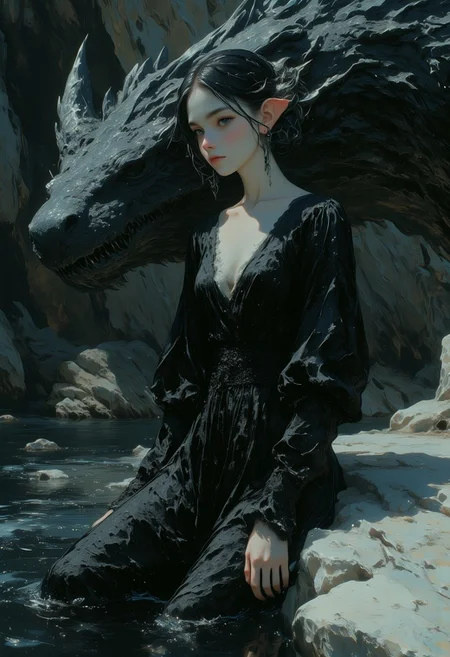 Detailed award winning scenary,Realistic ,Modern fantasy masterpiece , close up of elven queen sitting on a black dragon in a dark river , sleeping on top of a white rock, white rock in black river, perfect elf face