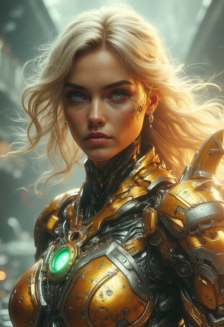 art, breathtaking detailed, masterpiece, awe-inspiring, radiant, magnificent. stunning blonde woman, in the style futurist, mecha armor