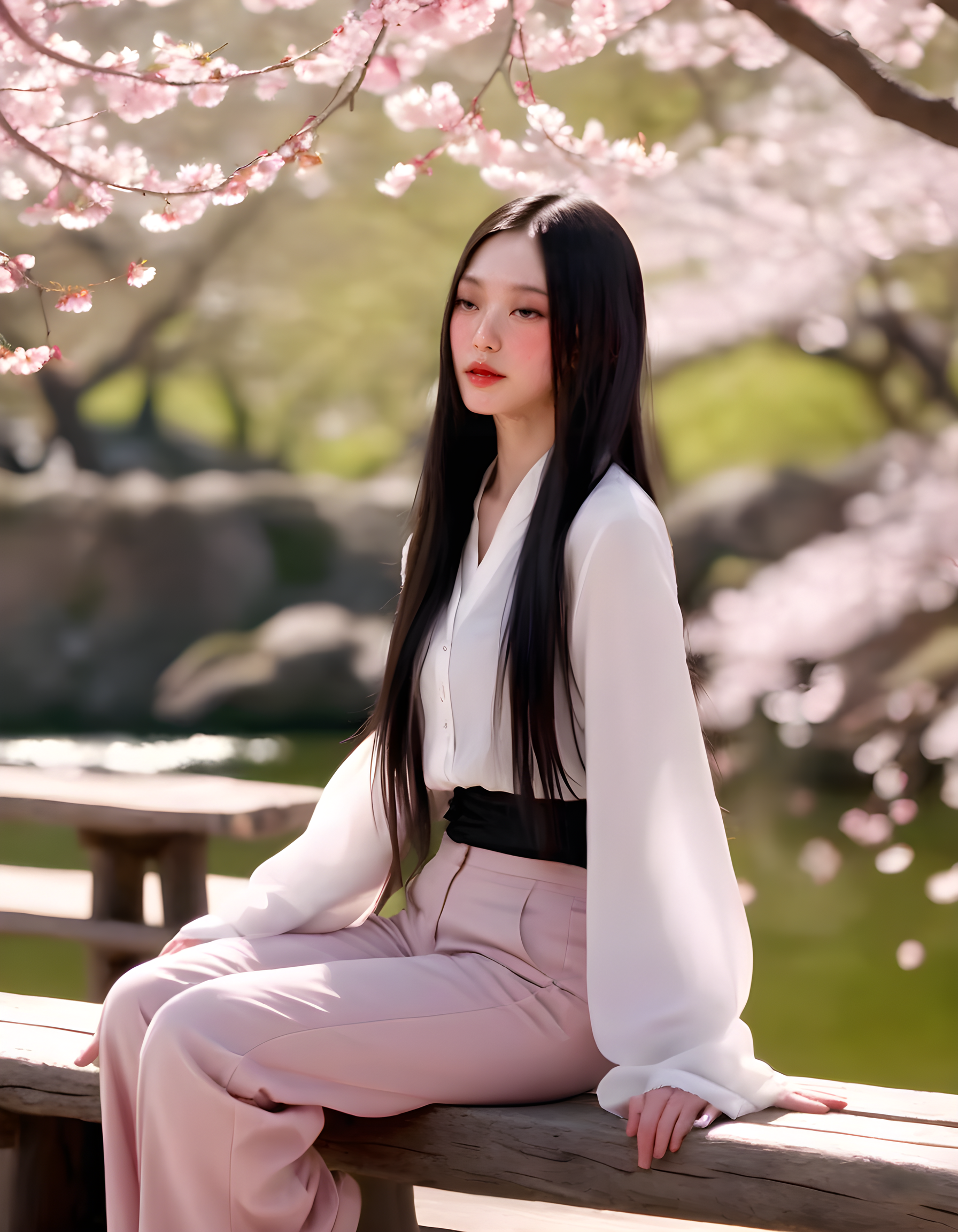 NJZH43R1N, In a vibrant, sunlit park adorned with blooming cherry blossoms and a serene pond, a striking woman with raven-black hair, her long tresses cascading down her back like a waterfall, is seated on a weathered wooden bench. She wears a sleek, monochromatic outfit of black pants and a long-sleeved blouse that accentuates her slender figure. Her pose is poised, with one hand resting gently on her knee as she gazes directly at the viewer with intense, deep-red lips that contrast sharply against her pale skin. The camera captures this moment from a slightly elevated angle, framing her against the soft backdrop of the park's lush greenery and delicate pink blossoms, creating an ethereal and captivating portrait of solitude and strength.