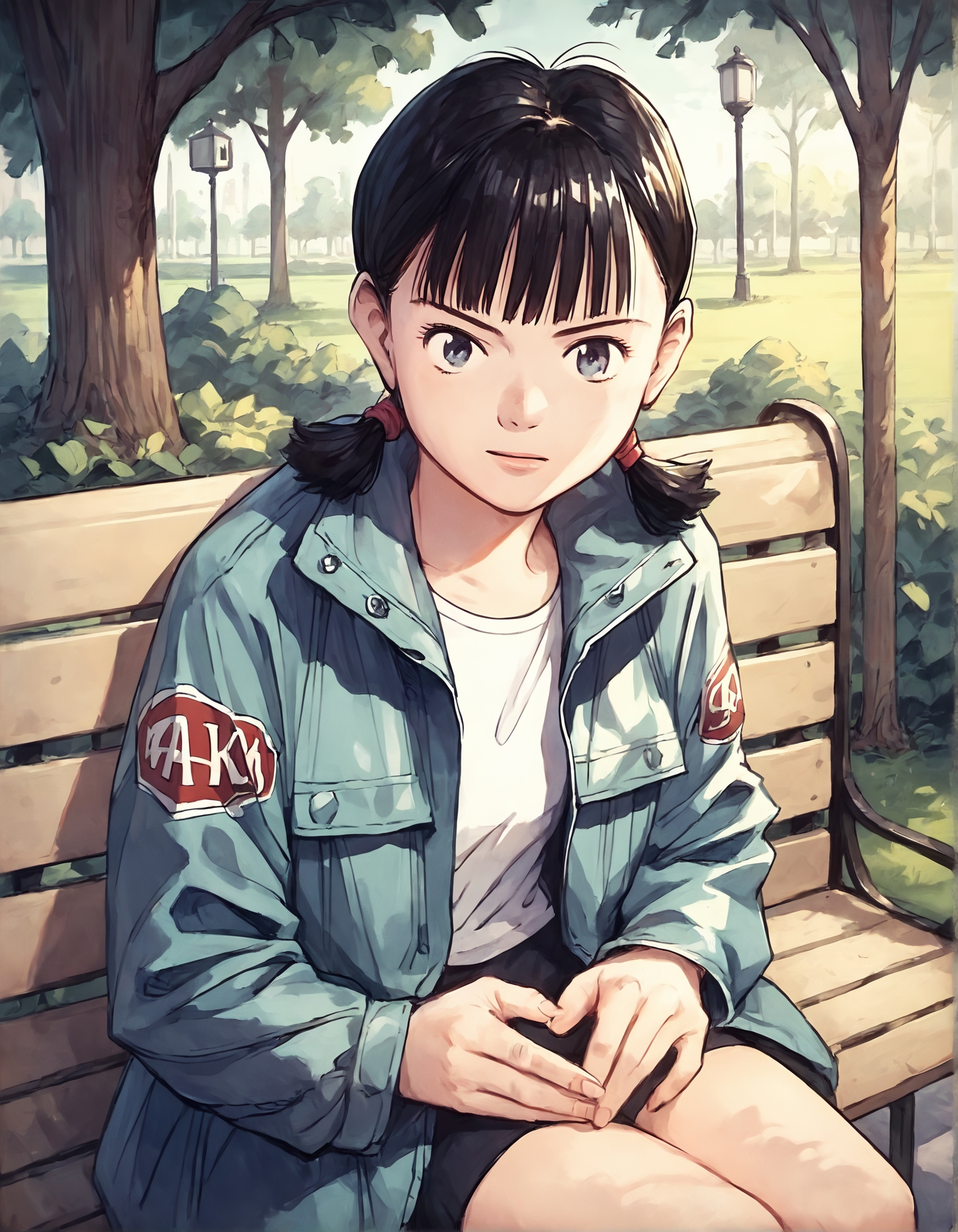 score_9, score_8_up, score_7_up,score_6_up,high resolution,upper body,n4a0kistyle,asadora,1girl,black hair,twintails,solo,jacket,on a bench,park,masterpiece,sitting,looking at viewer