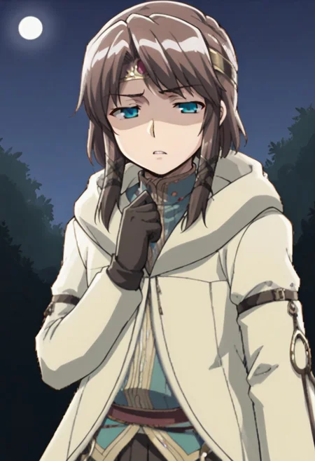 ivan, androgynous, brown hair, medium bangs, circlet, blue eyes, narrowed eyes, shaded face, frown, parted lips, layered clothes, hood up, coat, long sleeves, gloves, hand up, pulling up hood, male focus, solo, upper body, close-up, night