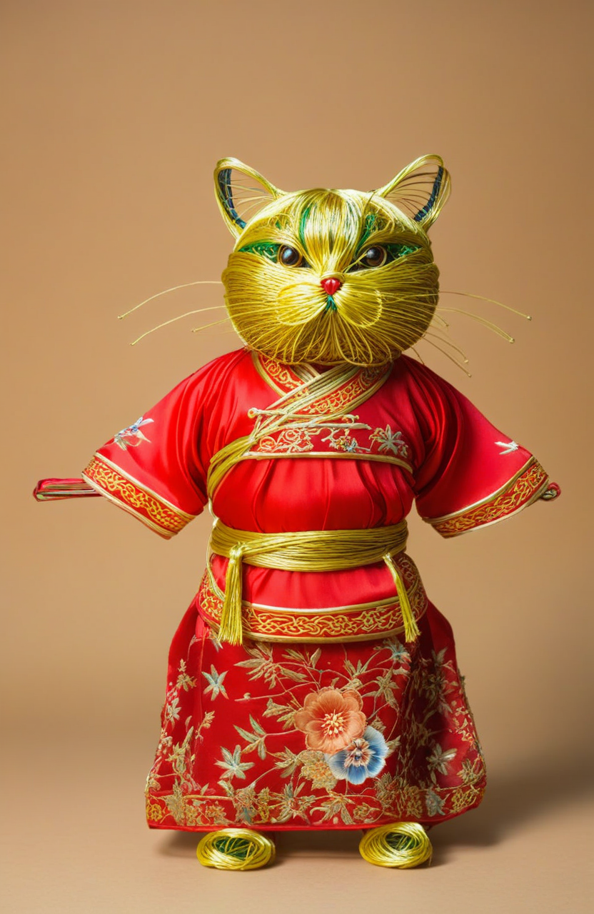 wire art, Fat cat in Chinese national costume,xianxia style,traditional silk dress,action-packed background,<lora:éä¸èºæ¯:0.7>