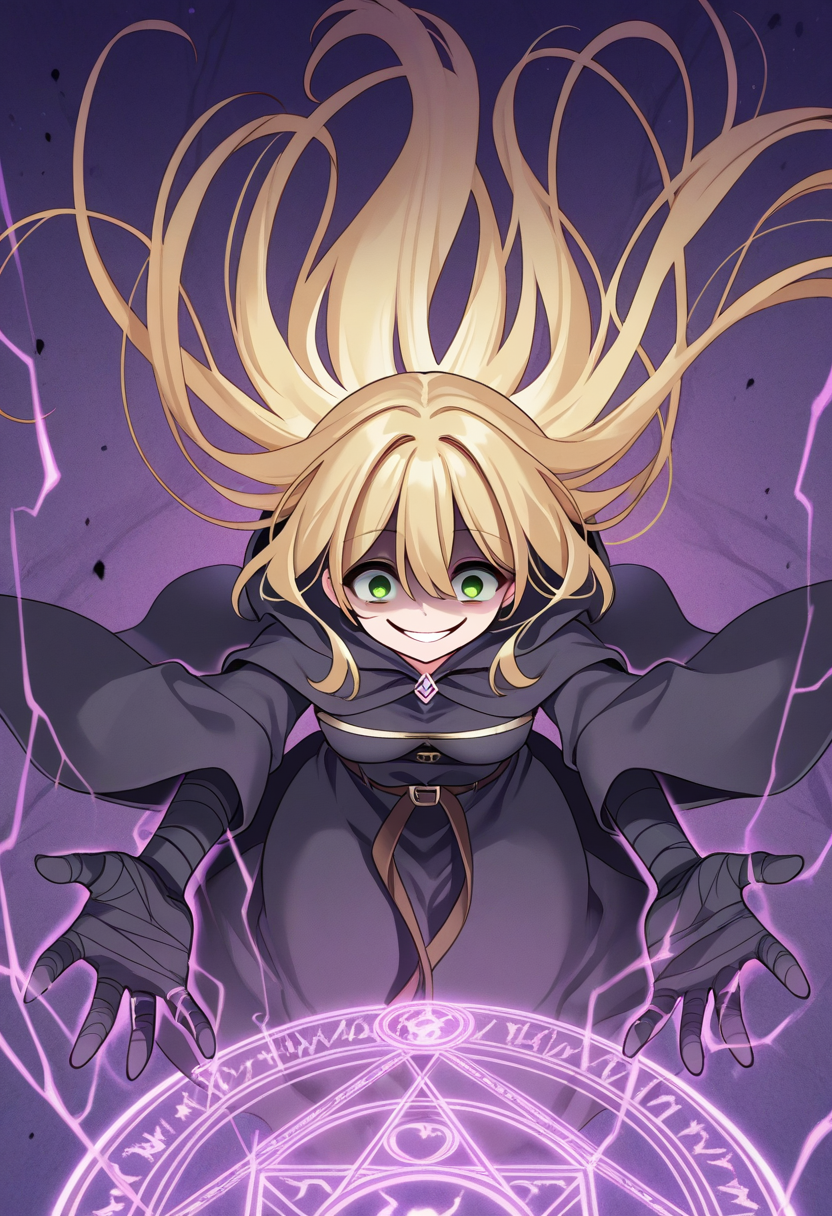 1girl, solo, chanyuusha, blonde hair, very long hair, hair down, green eyes, medium breasts, black robe, hooded robe, black bandages, bandaged hands, purple background, textured background, crazy smile, evil smile, shaded face, floating hair, outstretched_arms, glowing hands, magic circle,