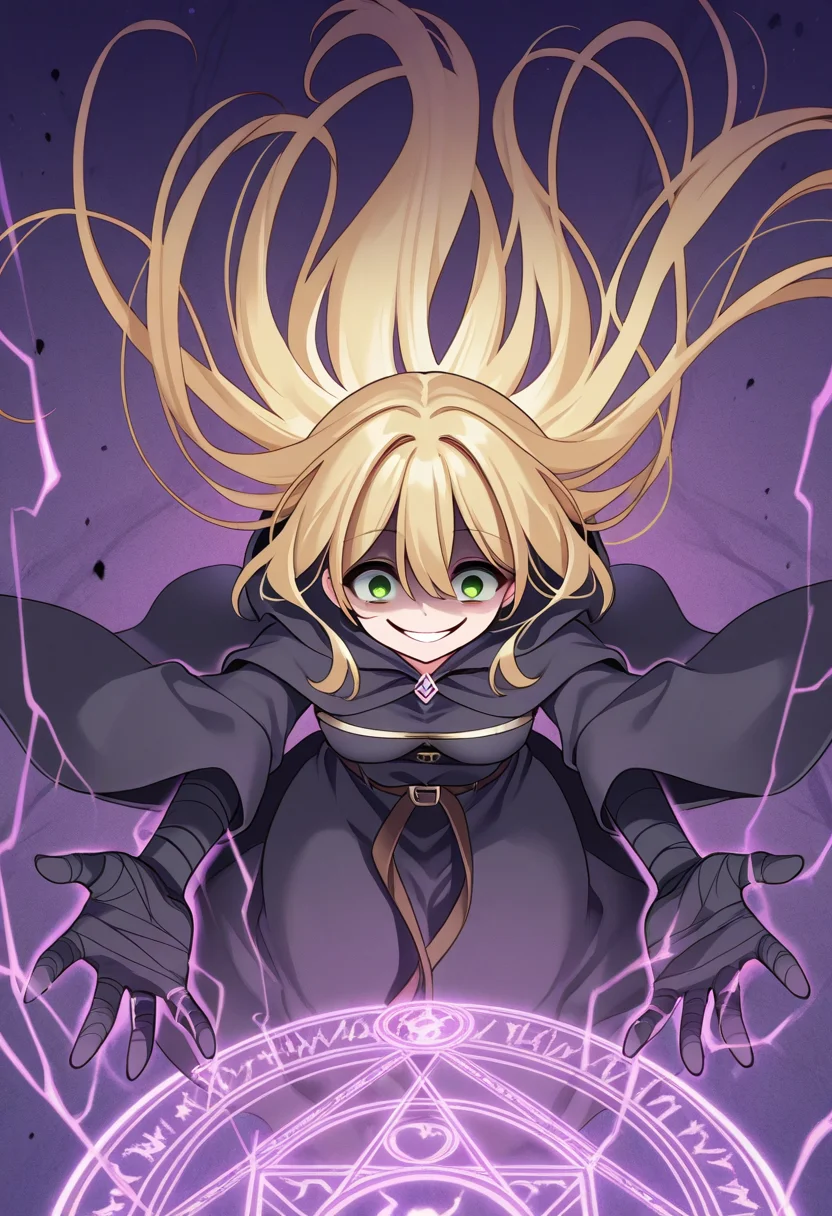 1girl, solo, chanyuusha, blonde hair, very long hair, hair down, green eyes, medium breasts, black robe, hooded robe, black bandages, bandaged hands, purple background, textured background, crazy smile, evil smile, shaded face, floating hair, outstretched_arms, glowing hands, magic circle,