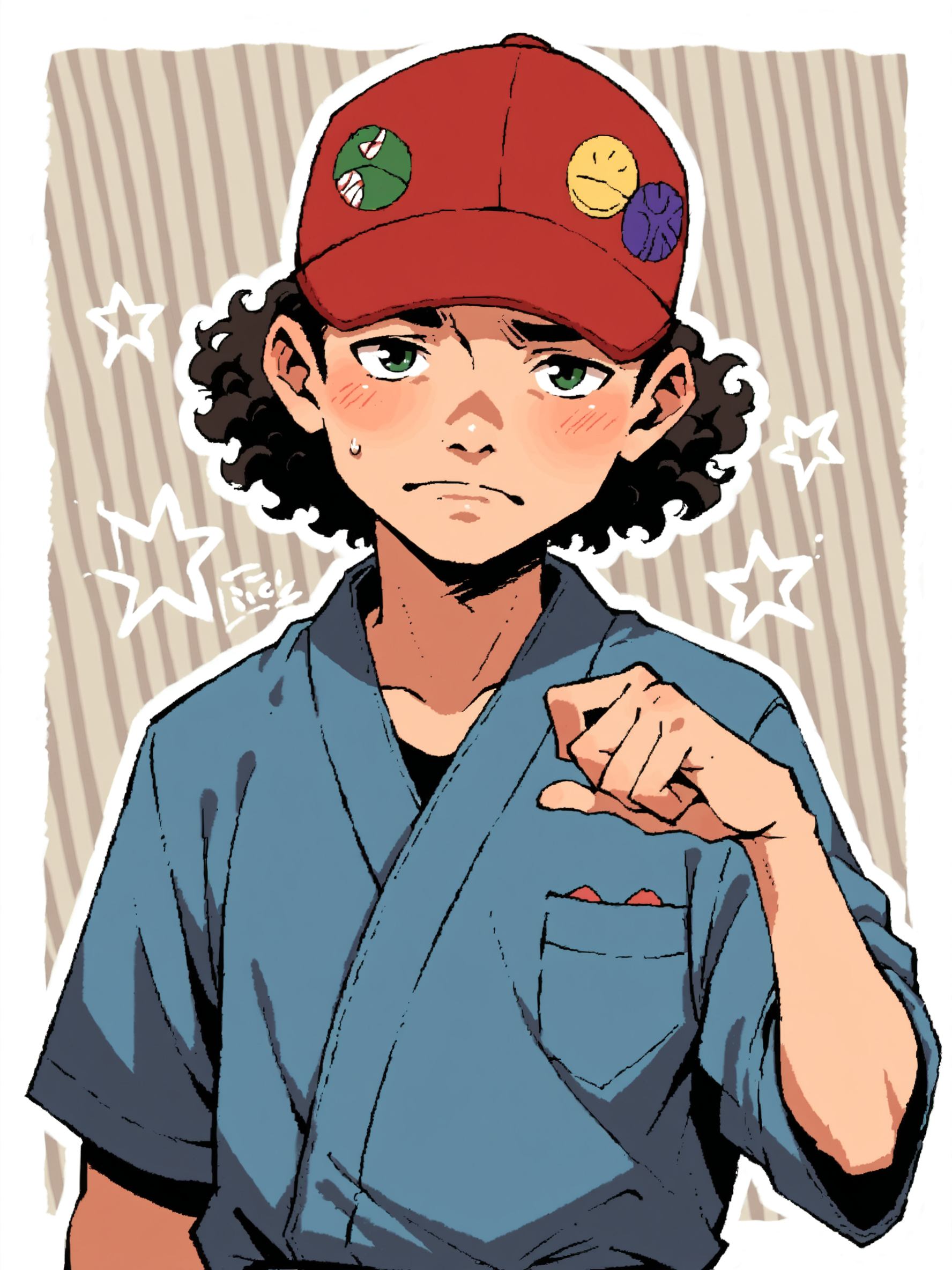 score_9, score_8up, score_7up, score_6up, score_5up, score_4up, abstract background, source_cartoon, rating_safe, BREAK
solo, 1boy, sh0b@t, baseball cap, curly hair, yukata, japanese clothing, upper body focus, BREAK
<lora:Shonen_Bat__Lil_Slugger_-_Paranoia_Agent_-_PDXL:1>